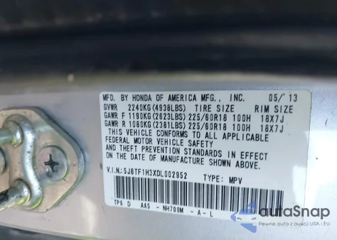 2013 Honda Crosstour Ex V6 z USA, uszkodzony, nr VIN 5J6TF1H3XDL002952